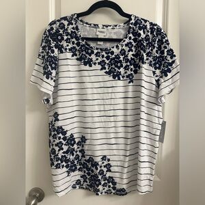 Chico’s Poppies And Stripes Short Sleeve Tee SZ 3 Scoop Neck Blue/White